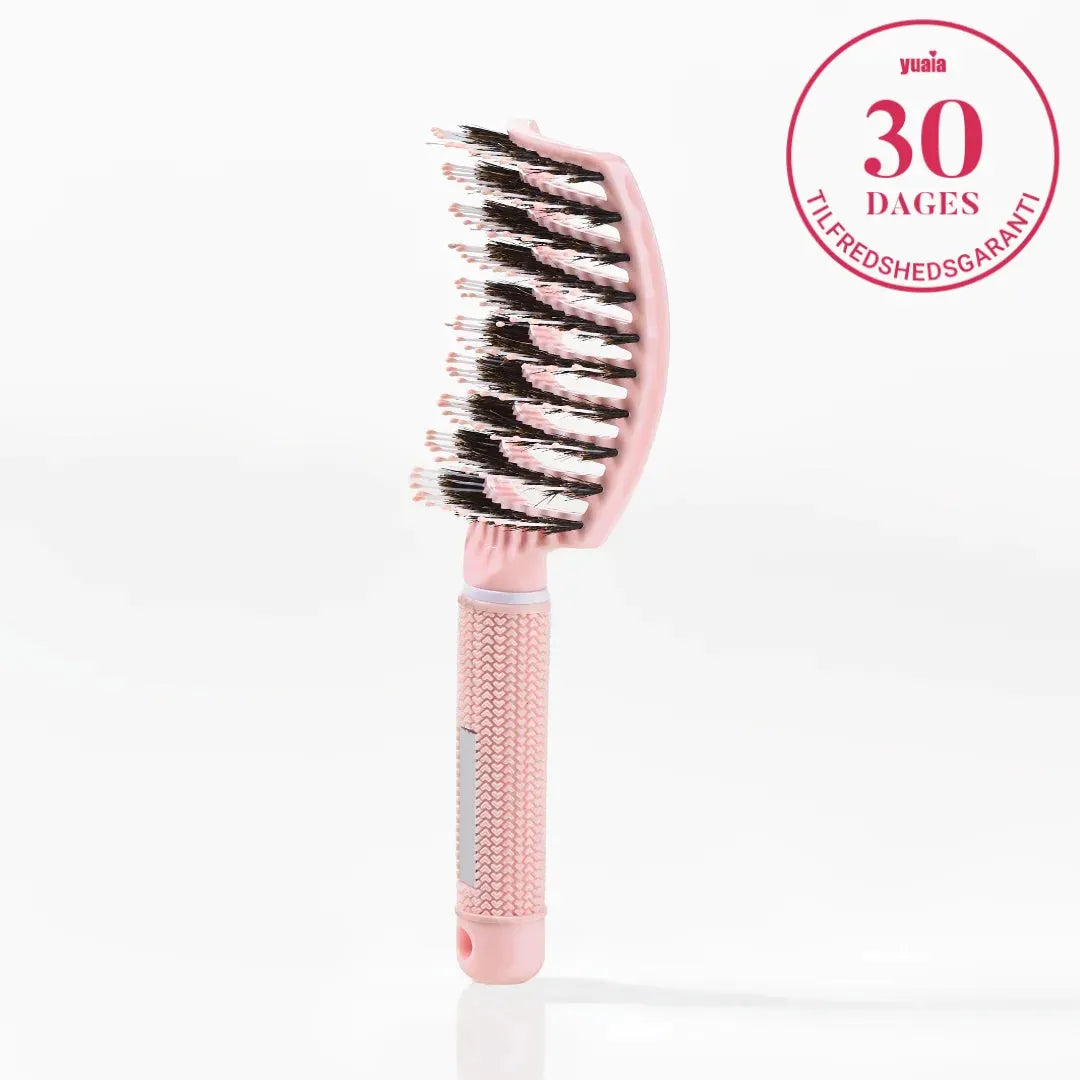 Curved Paddle Brush Hårbørste Med Vildsvinehår Lyserød